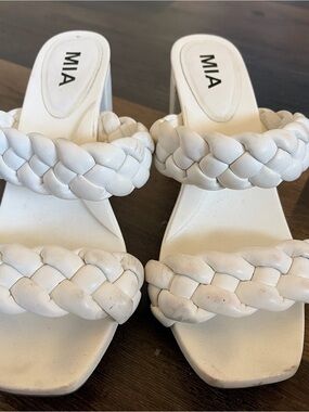 MIA White Braided Double-Strap Block Heel Sandals